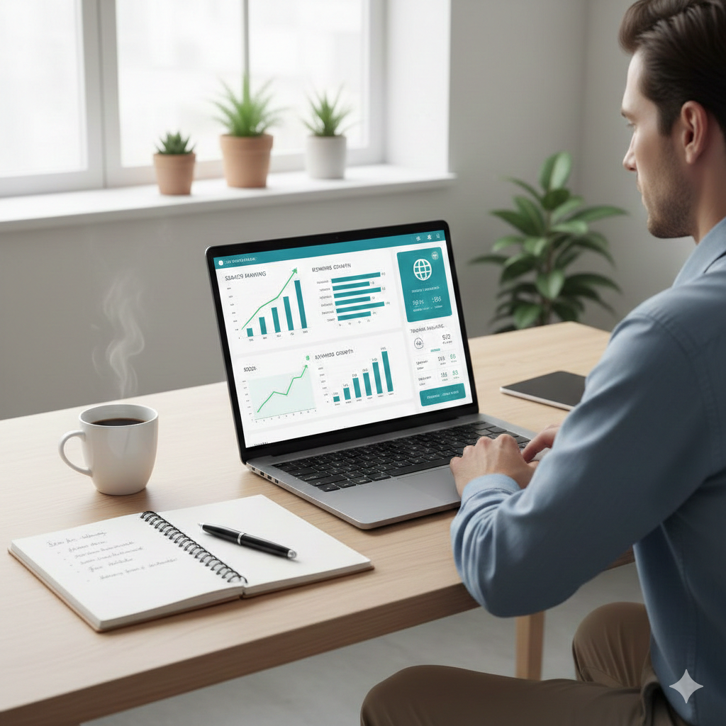 Person analyzing SEO data, keyword rankings, and website traffic on a laptop in a clean workspace.