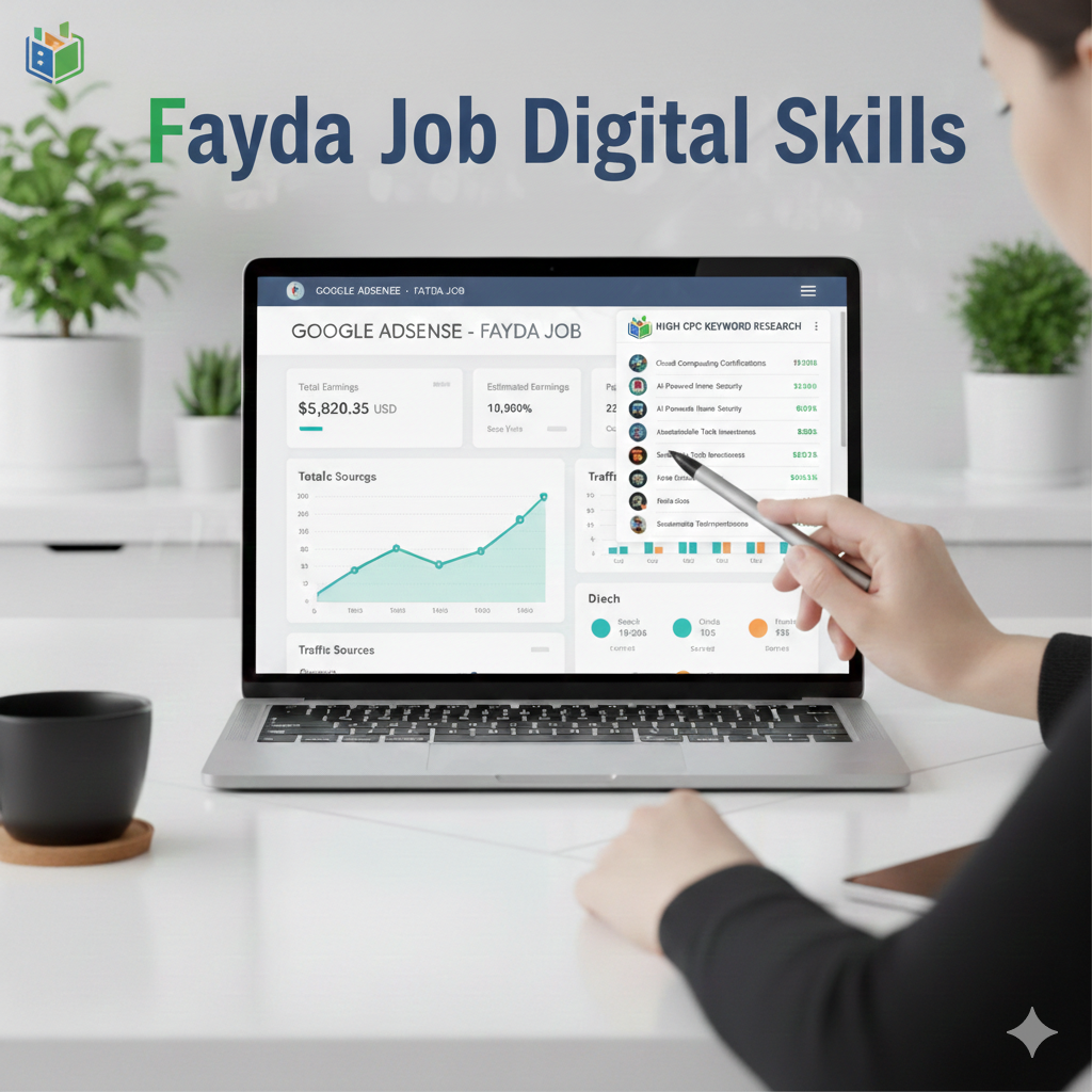 Laptop irratti dashboard Google AdSense agarsiisu, charts galii fi traffic, beginners barnoota AdSense fi niche CPC ol’aanaa barachuuf