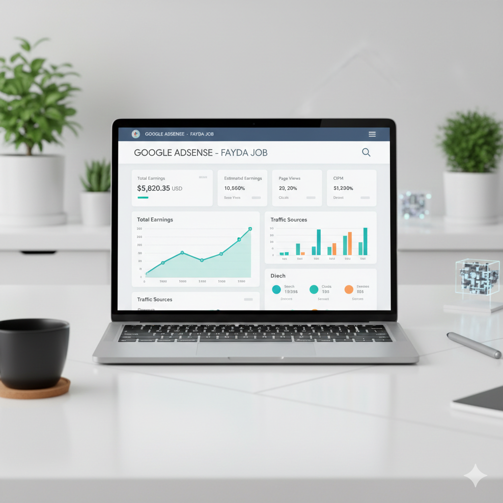 Laptop showing Google AdSense dashboard with earnings and traffic charts, representing beginners learning how AdSense works in 2026