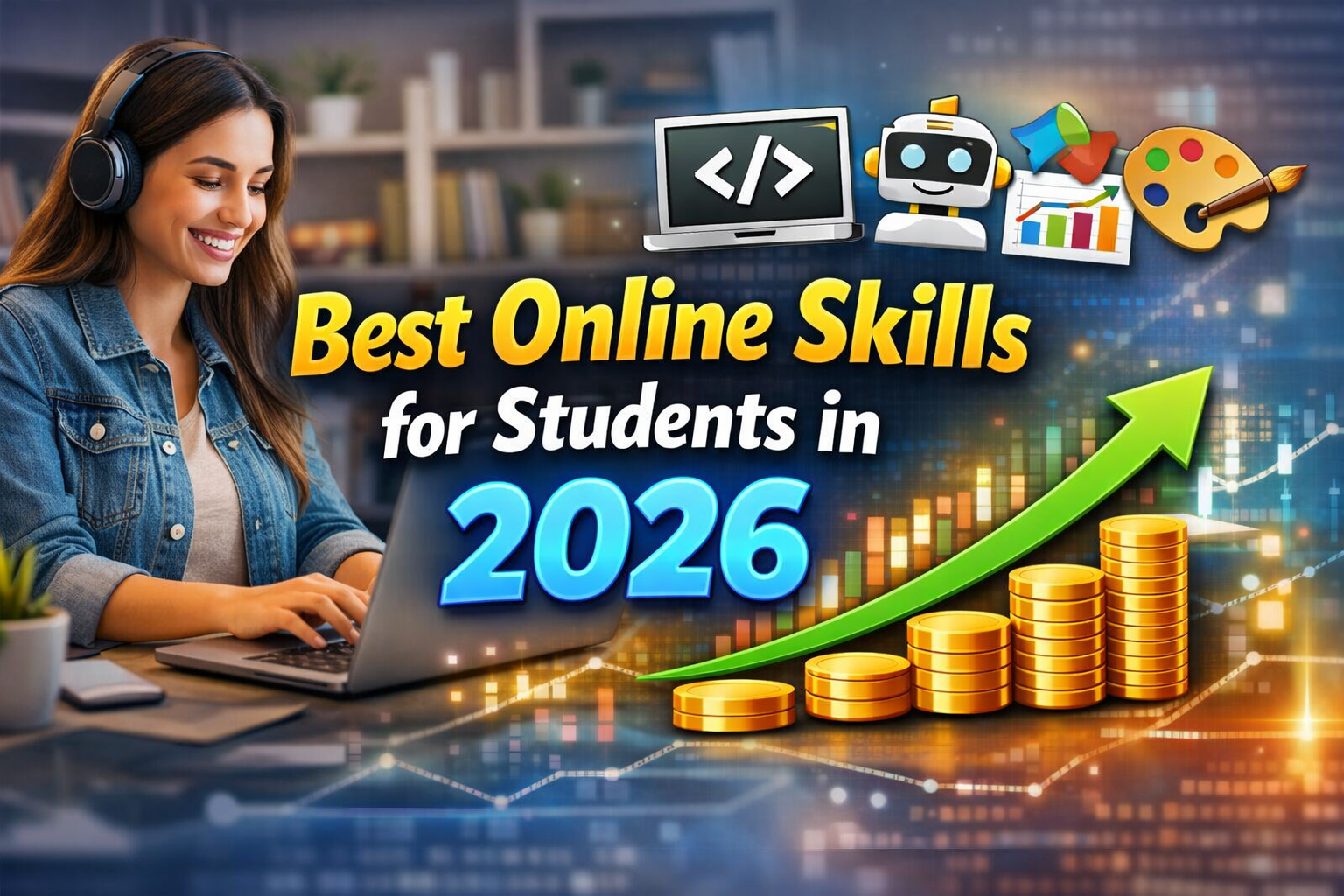 Best online skills for students in 2026 including AI, coding, digital marketing, and freelancing with laptop workspace and growth chart illustration