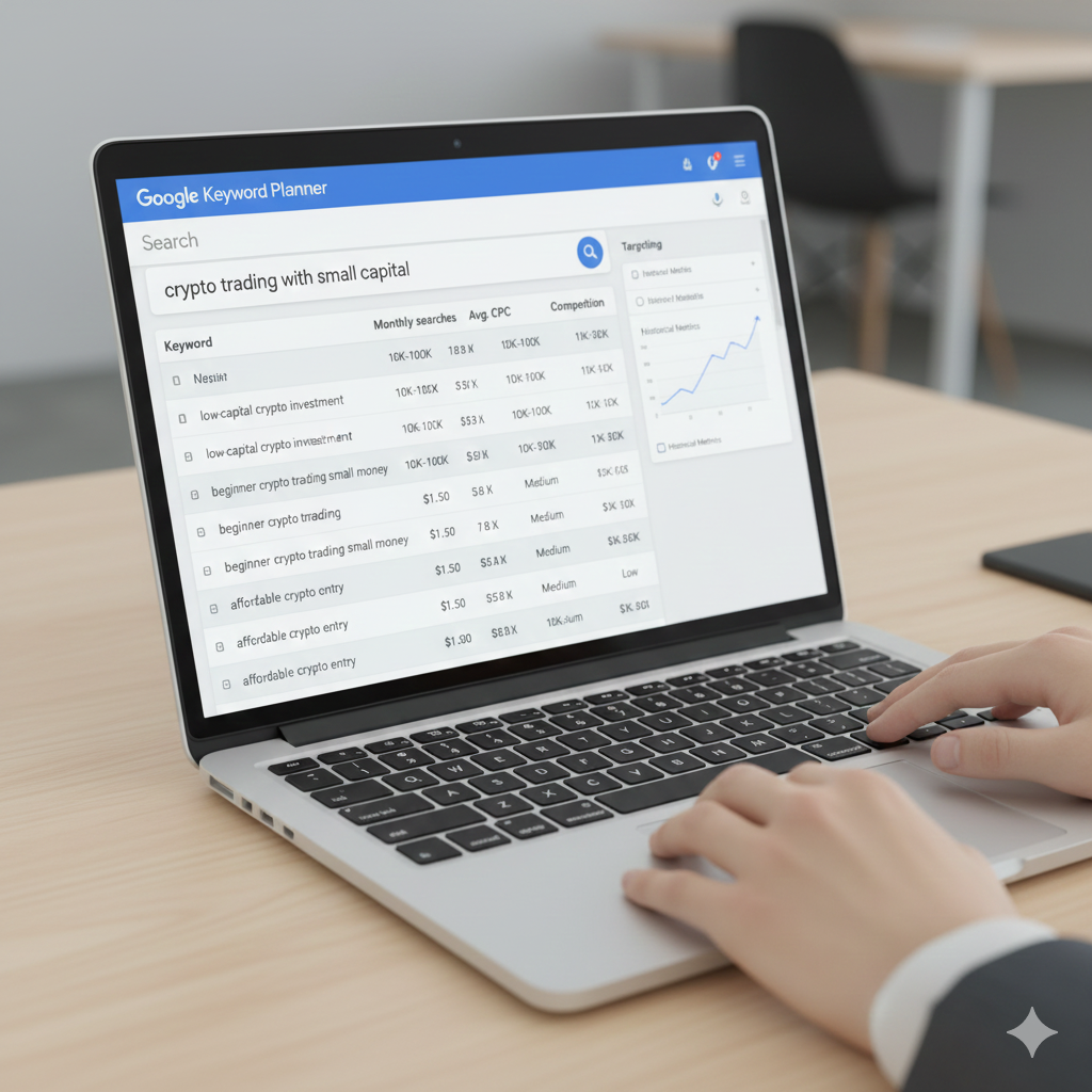 Google Keyword Planner dashboard showing keyword suggestions and search volume for SEO planning