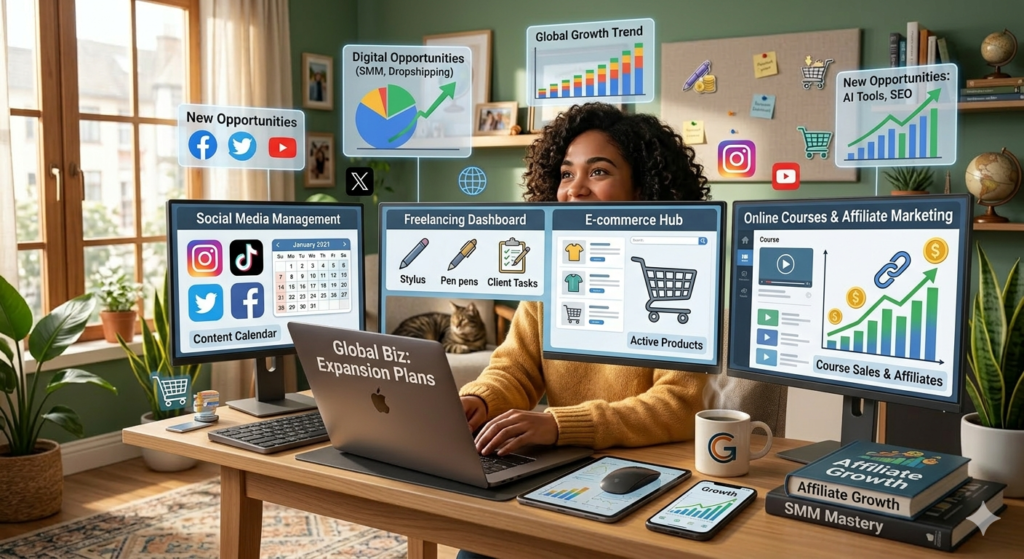 Workspace of a beginner entrepreneur with screens showing online business ideas such as freelancing, e-commerce, social media management, and online courses.