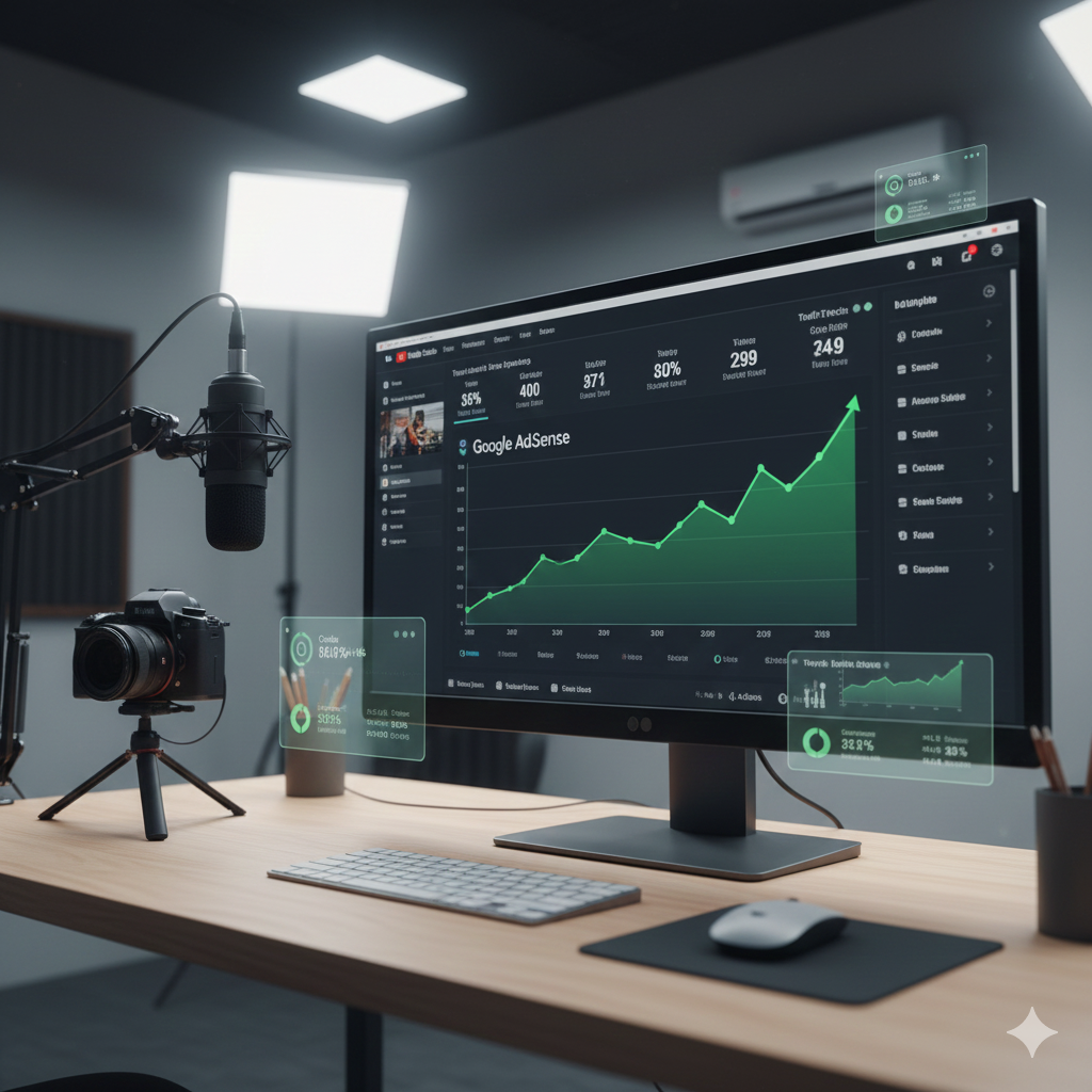 Suuraa agarsiisa YouTube content creator laptop irratti YouTube Studio fi Google AdSense galii agarsiisu, microphone fi camera waliin studio keessatti hojjetaa jiru.