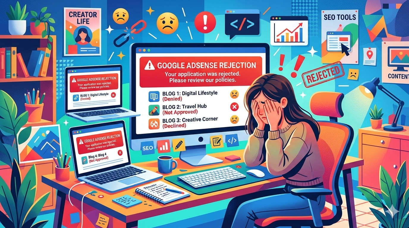 Blogger frustrated with Google Adsense rejection, multiple blogs on computer screens, highlighting common reasons for Adsense disapproval
