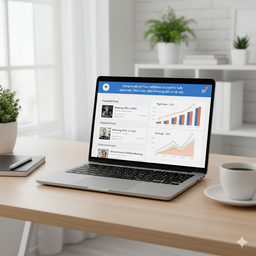 Blogger tokko laptop irratti blog posts hedduu fi eeyyama Google AdSense agarsiisuun website monetization irratti hojjechaa jiru.