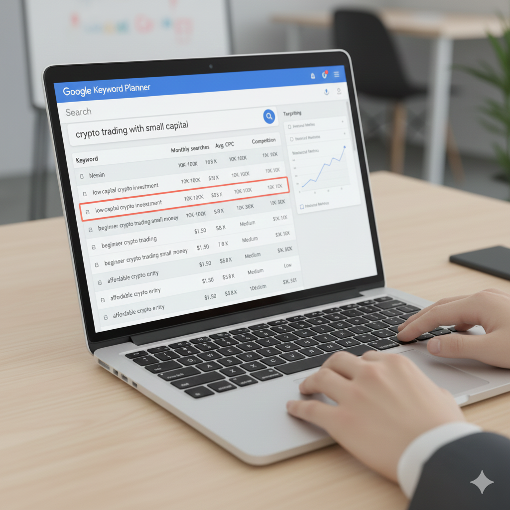Google Keyword Planner displaying keyword metrics such as search volume, competition, and CPC for SEO planning.
