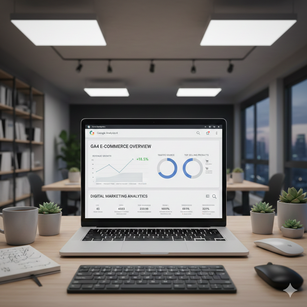 Dashboard Google Analytics 4 irratti chart galii fi funnel conversion e-commerce agarsiisu, laptop irratti analytics daataa daldalaa.
