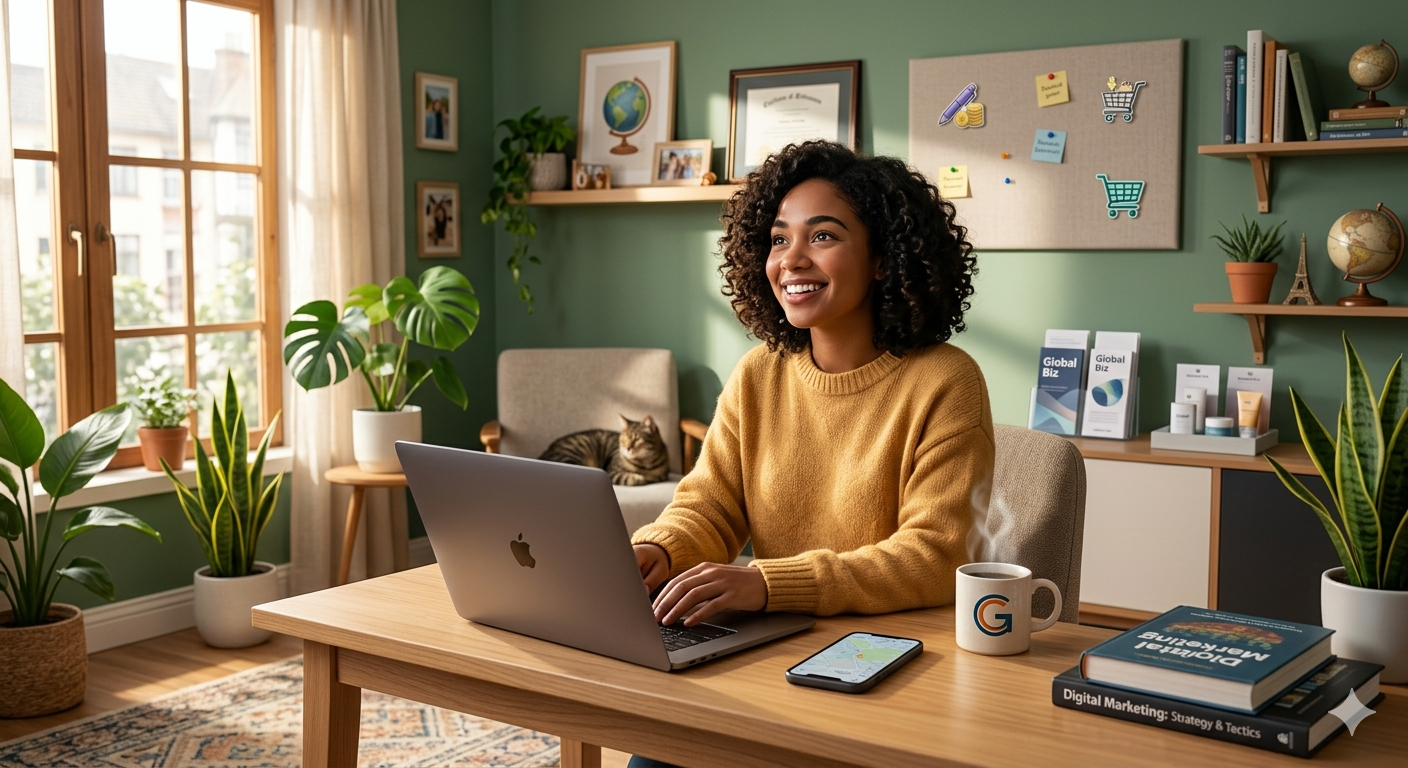 Beginner entrepreneur working on a laptop at home with digital icons representing online business ideas like freelancing, e-commerce, social media, and online courses.