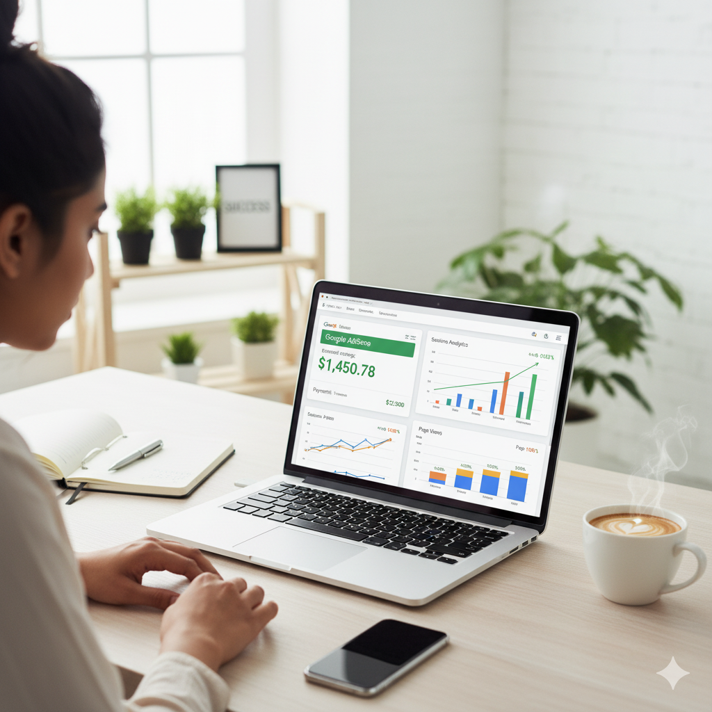 Blogger tokko laptop irratti AdSense earnings fi website analytics ilaalaa jiru