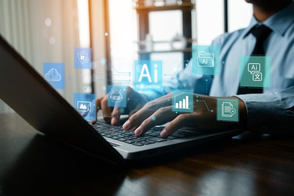 The concepts of artificial intelligence, artificial intelligence automation, simplified and growing business process automation,data analysis, research, planning, job creation, and workflow man in best online skills for students