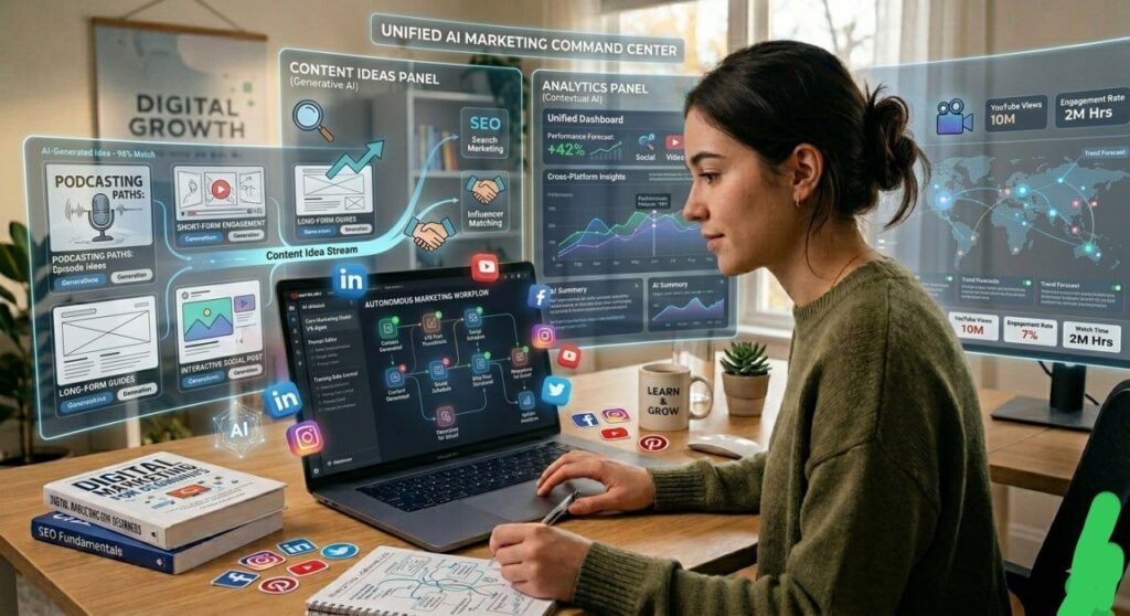 AI-powered digital marketing assistant generating content ideas, analytics, and automation workflow on futuristic interface