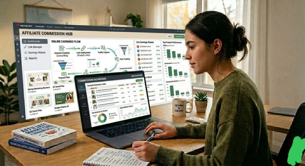 Affiliate marketing income concept showing commission dashboard, product promotion links, and online earnings flow on a digital screen
