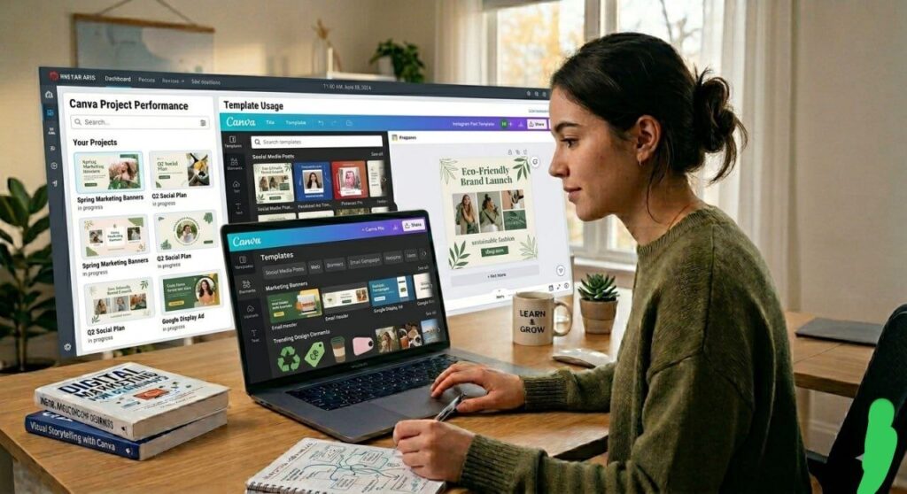 Canva design interface showing social media post templates, marketing banners, and creative visual elements on a laptop screen