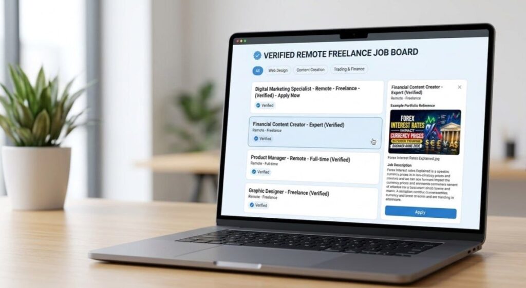 Clean job board interface showing verified remote freelance listings on a modern screen.