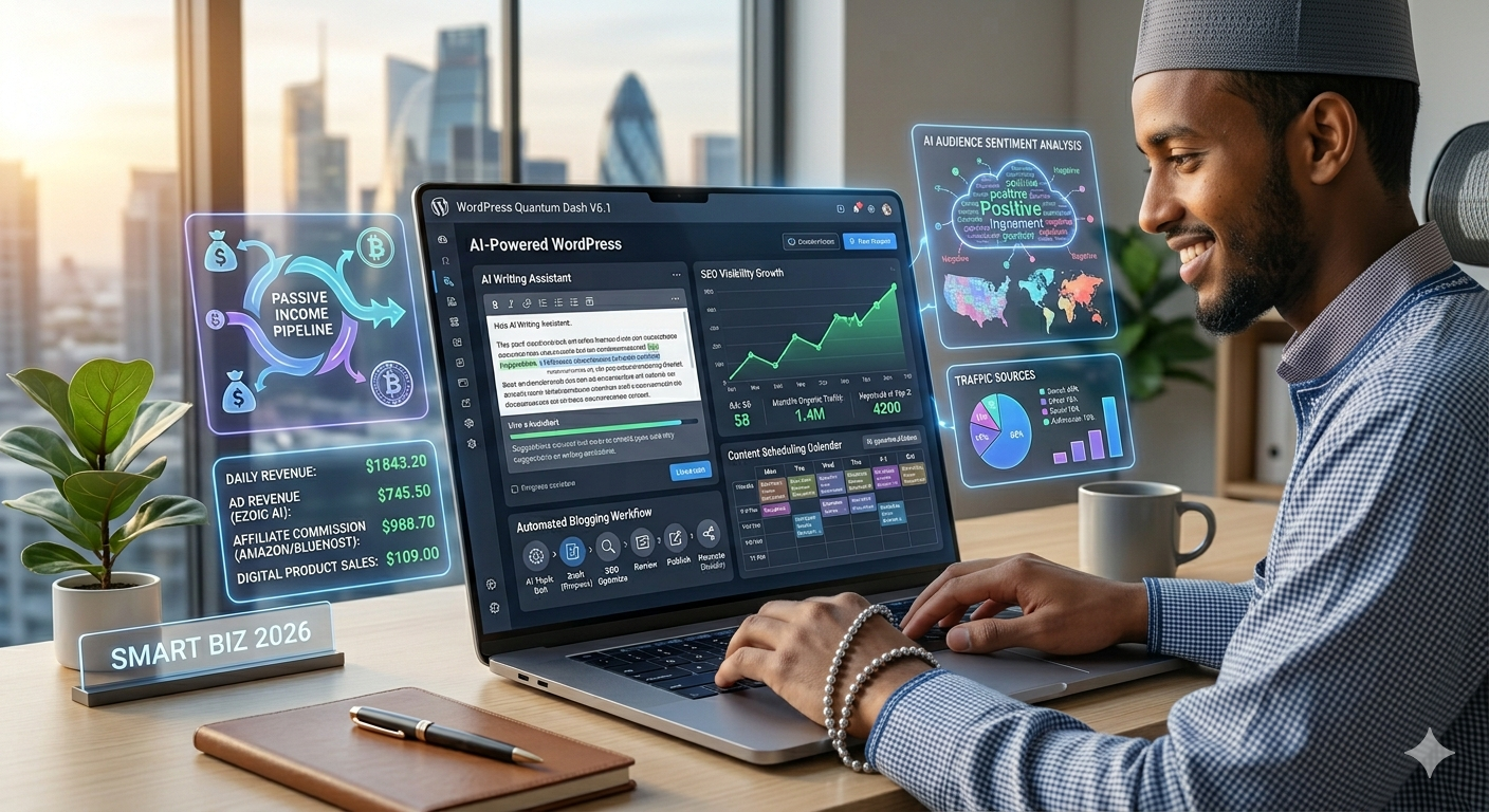 AI-powered WordPress automation dashboard showing blogging, SEO analytics, and content scheduling system for passive income website