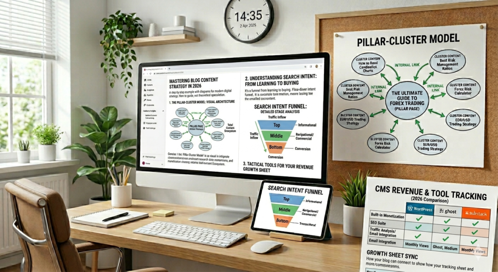 Blog post example with headings, charts, and images, showing content structure and readability, realistic computer screen