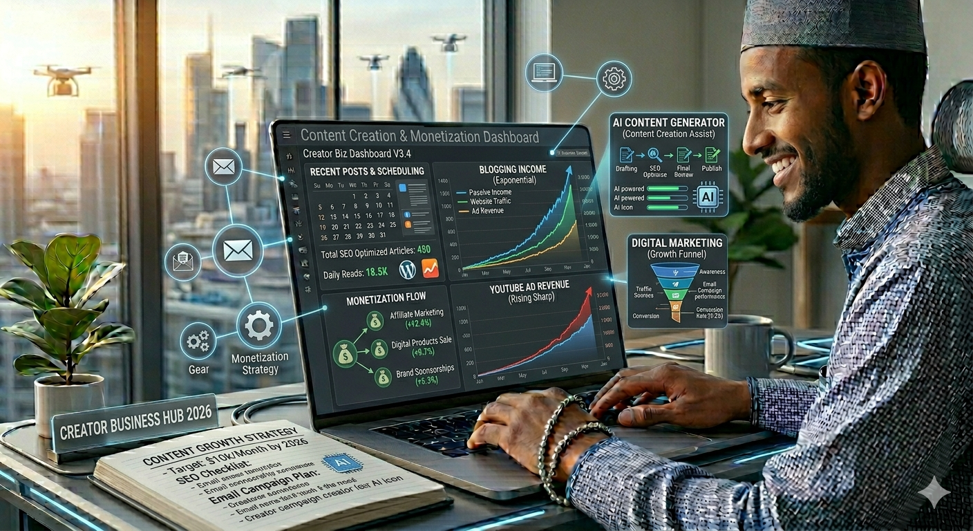 Digital content creator working on online business with AI tools, charts, and monetization dashboard