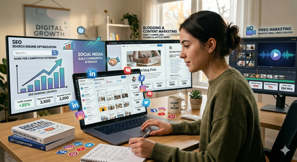 Multiple digital marketing career paths shown on computer screens including SEO, social media, blogging, and video marketing