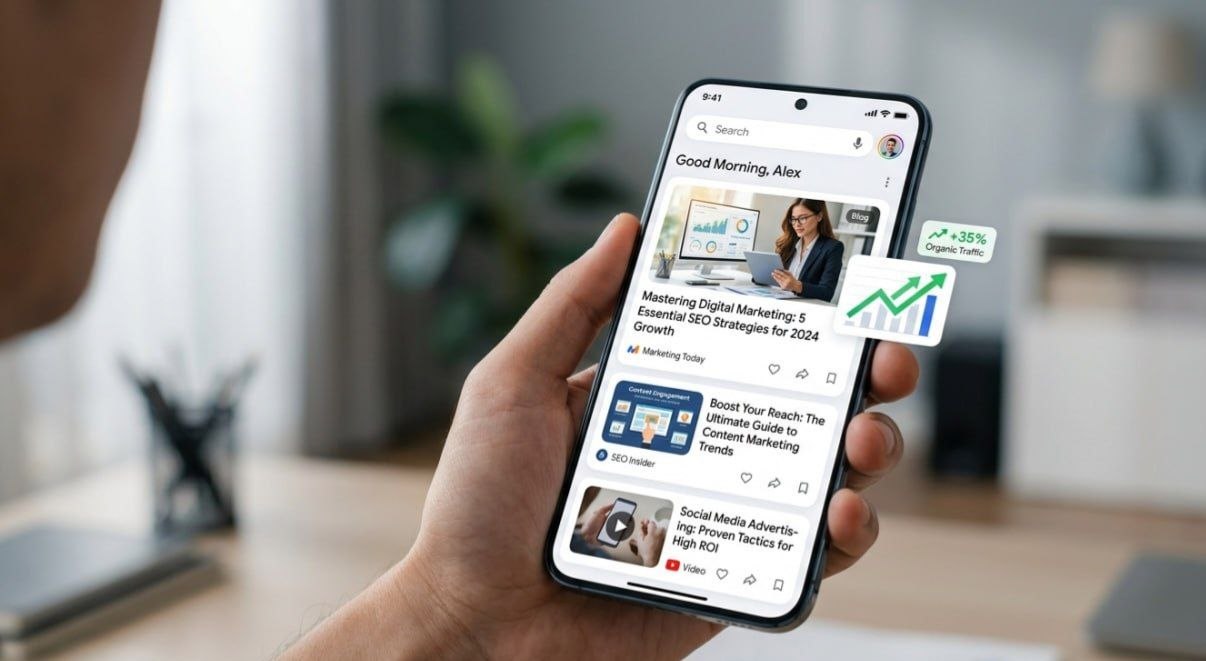 Google Discover feed showing optimized blog content and SEO traffic growth on mobile