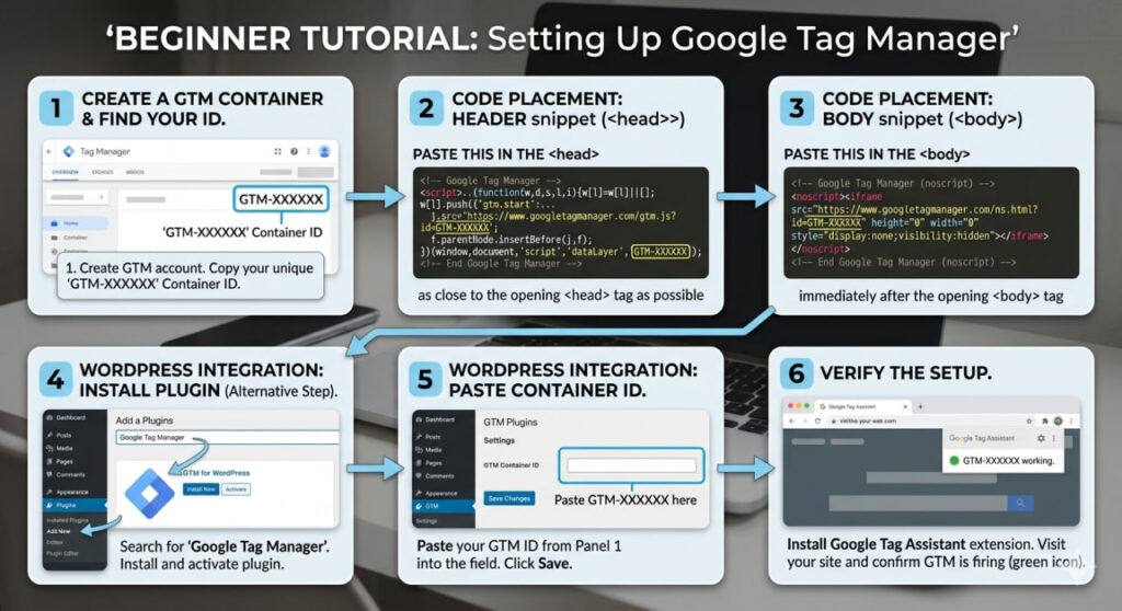 Installing Google Tag Manager code on website header and body for tracking setup
