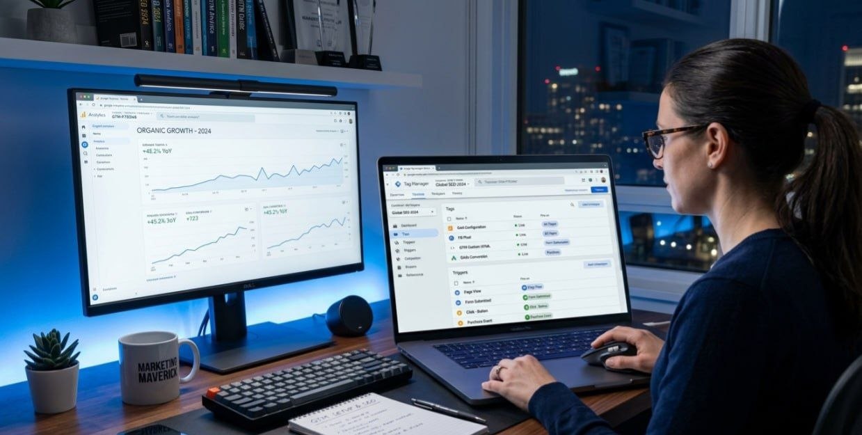 Google Tag Manager dashboard showing tags and triggers for SEO and marketing tracking