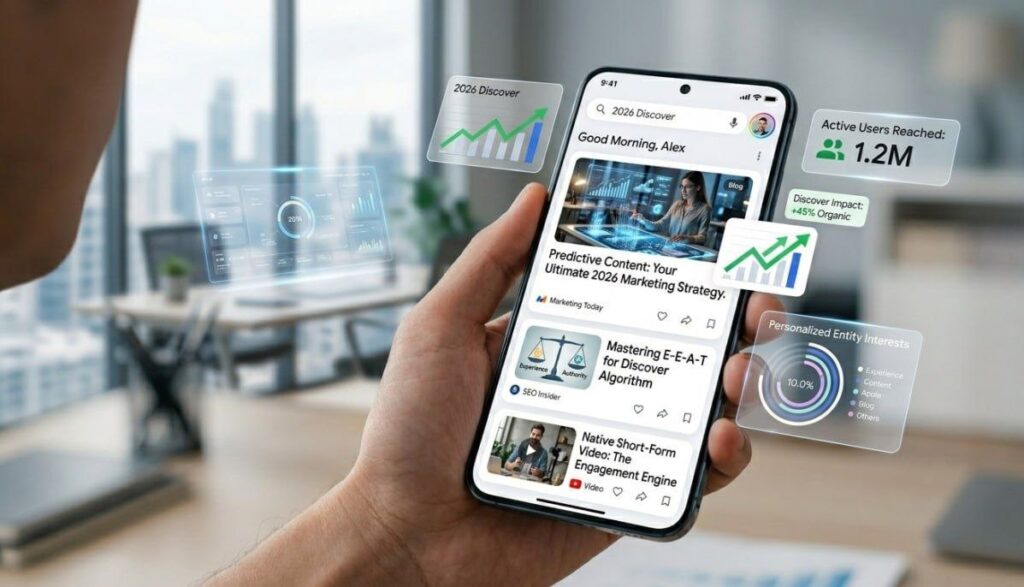 Blogger optimizing SEO content with keywords and analytics for better Google Discover ranking