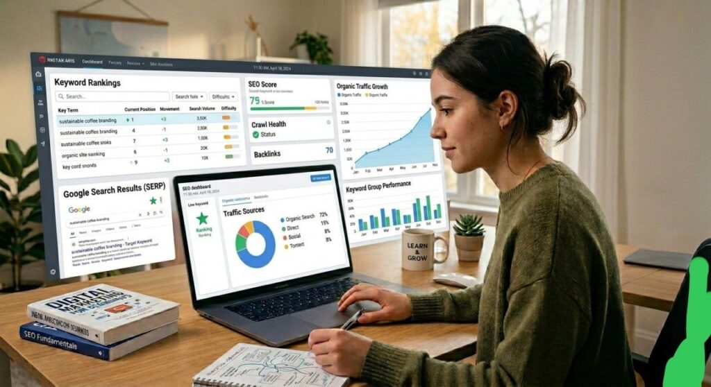 SEO dashboard showing keyword rankings, Google search results in Top Digital Marketing Skills Beginners Should Learn First (2026 Guide)