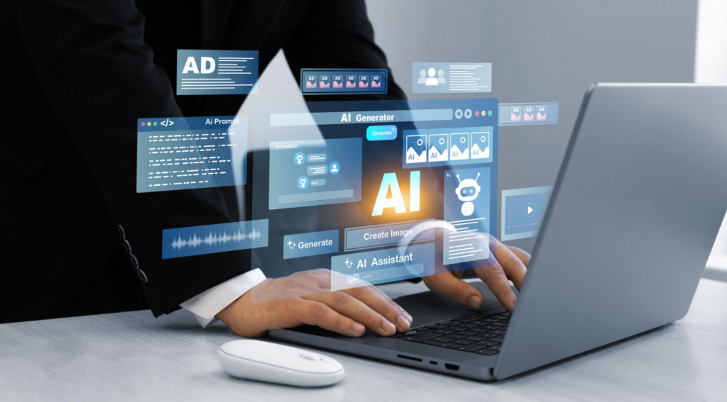 Person using laptop with Ai Content Generator. Interaction with the Ai assistant to solve some tasks more easily. 