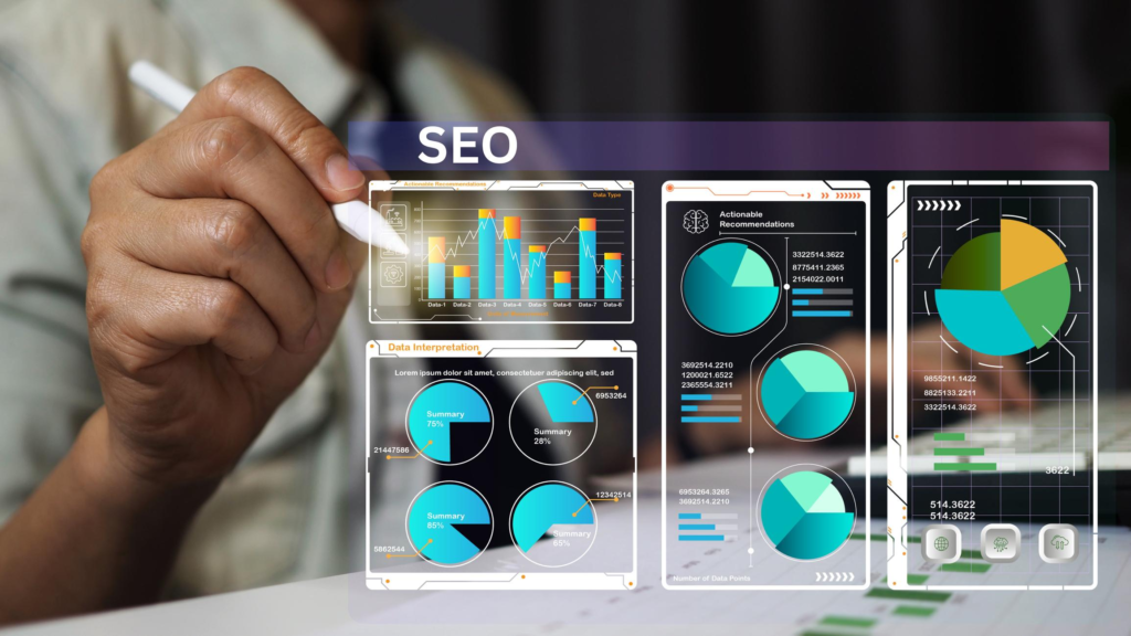 SEO specialist analyzing search engine optimization dashboard with performance charts, data analytics and keyword ranking metrics in AI WordPress automation