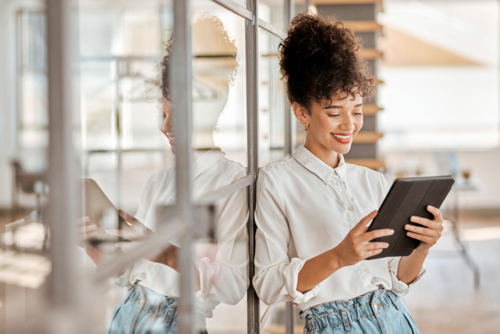 Seo, tablet or woman on social media for a digital marketing strategy or content ideas for an advertising agency. IN Online Business Ijaaruu