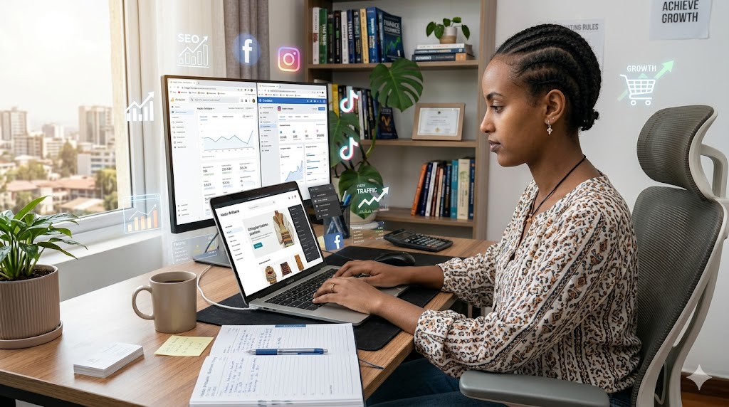 online-business-ethiopia-beginner Building an online business in Ethiopia using laptop and digital marketing tools for beginners