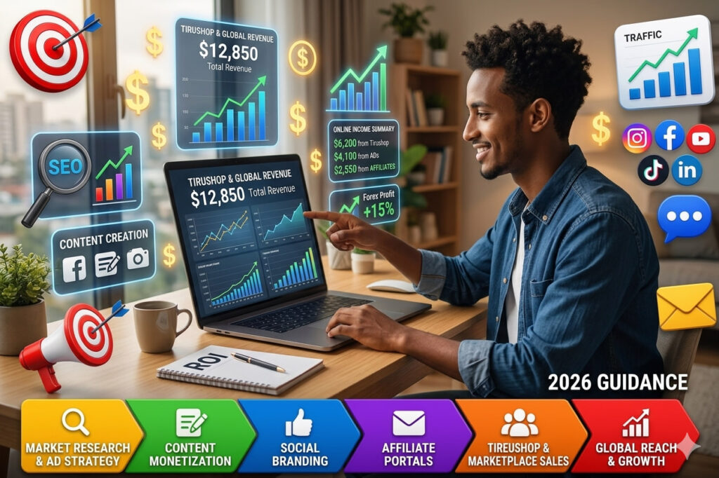 A motivated freelancer or digital marketer working comfortably from home, sitting on a couch or desk setup, looking confident while checking income analytics on a laptop.