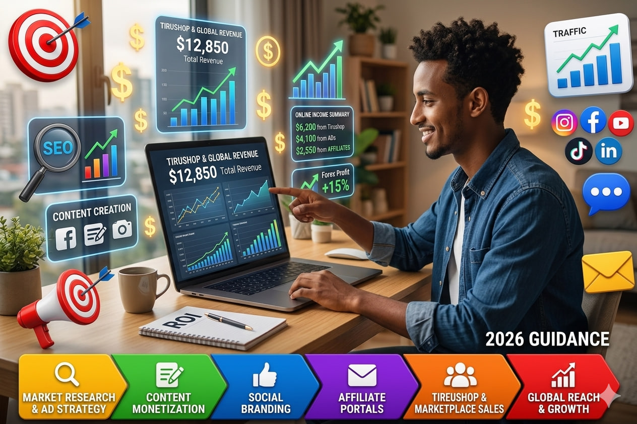 A motivated freelancer A motivated freelancer or digital marketer working comfortably from home, sitting on a couch or desk setup, looking confident while checking income analytics on a laptop.