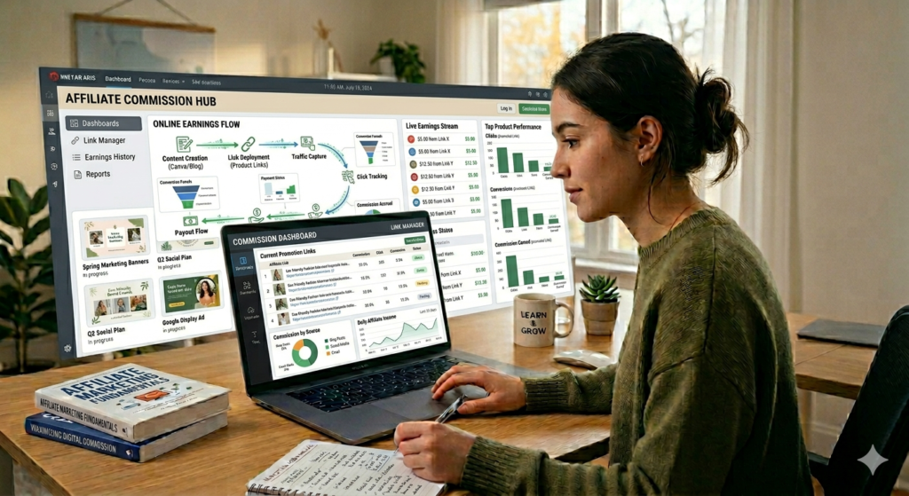 SEO dashboard showing website traffic growth and keyword rankings for make money with digital marketing