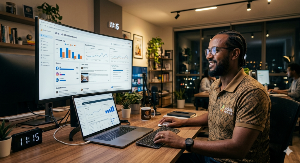 Freelancer working remotely on digital marketing projects