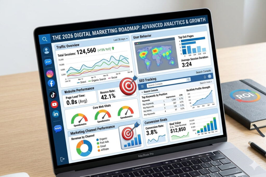 Google Analytics dashboard showing website traffic and performance data for digital marketing beginners