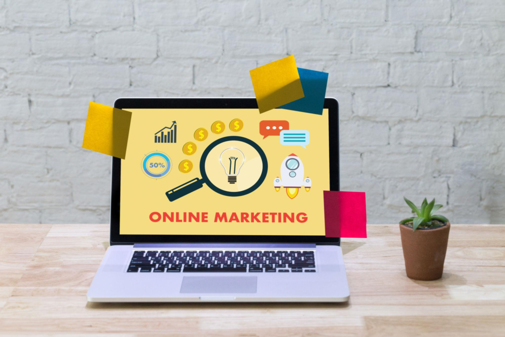 ONLINE MARKETING man on computer Advertisement Social On line Market word Startup Marketing Online Project