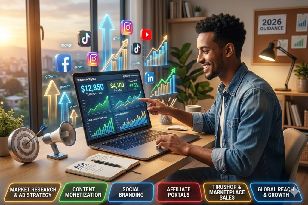 Successful digital marketer working from home with growth charts and online income analytics
